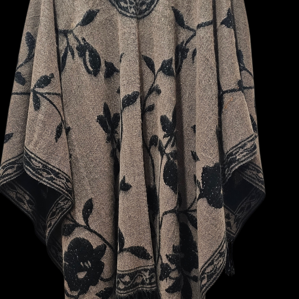 Elegant Black and Tan Floral Poncho
